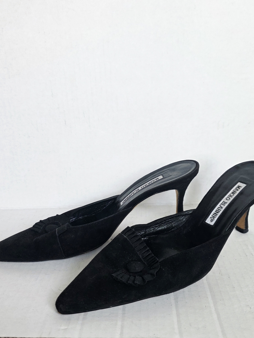 Manolo Blahnik Black Suede Pointed-Toe Fringe Mule Heels